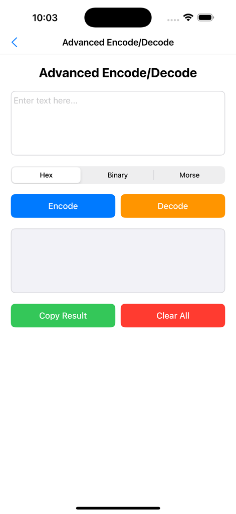 DecTwl - Advanced encoding and decoding interface in DecTwl app showing hex and binary options