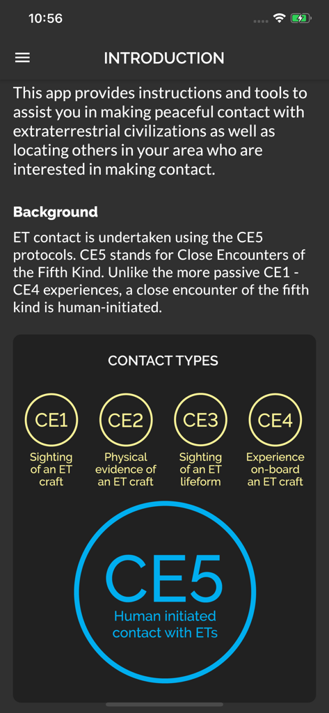 CE5 Contact - Introduction screen of the CE5 Contact app explaining the different types of ET encounters from CE1 to CE5