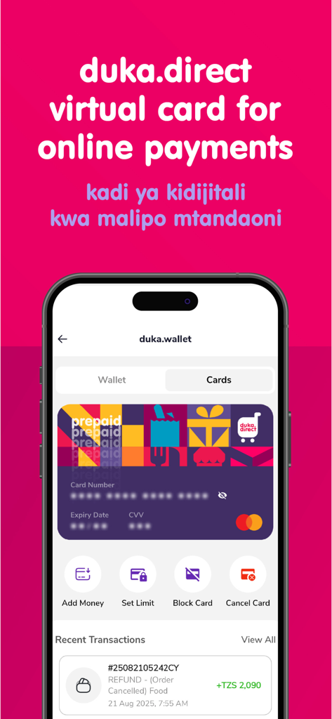 duka.direct - duka.direct app interface showing a virtual prepaid card for online payments