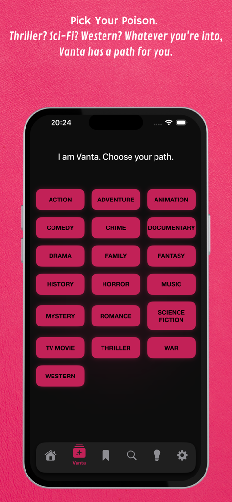 YesMovies app screen showing movie genre selection buttons