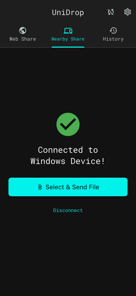 UniDrop - File Sharing - Interfaccia dell'app UniDrop che mostra la connessione riuscita a un dispositivo Windows per la condivisione di file nelle vicinanze
