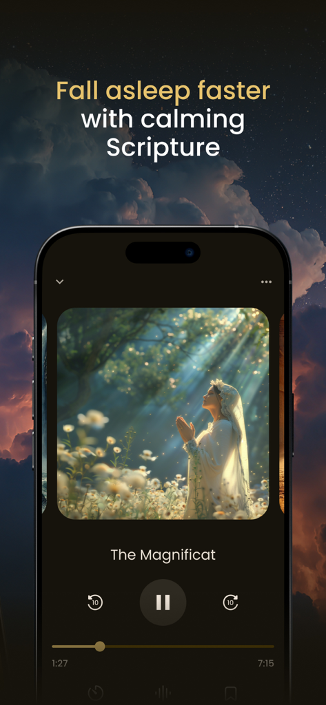 BeBlessedMe - BeBlessedMe 오디오 플레이어가 표시된 스마트폰 화면, 더 나은 수면을 위한 마니피캇라는 제목의 성경 이야기 낭독