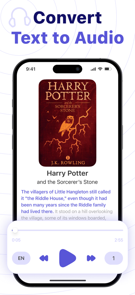 Text to Speech – Reading Aloud - Mobile app interface showing a book being converted from text to audio with playback controls