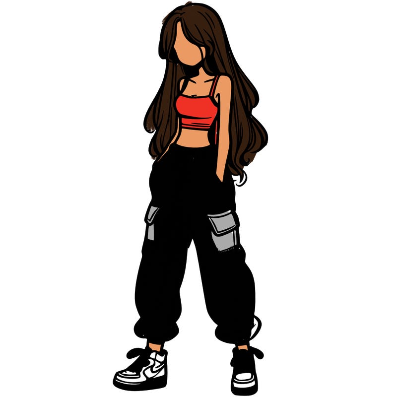 girl in baggy pants crop top and long hair