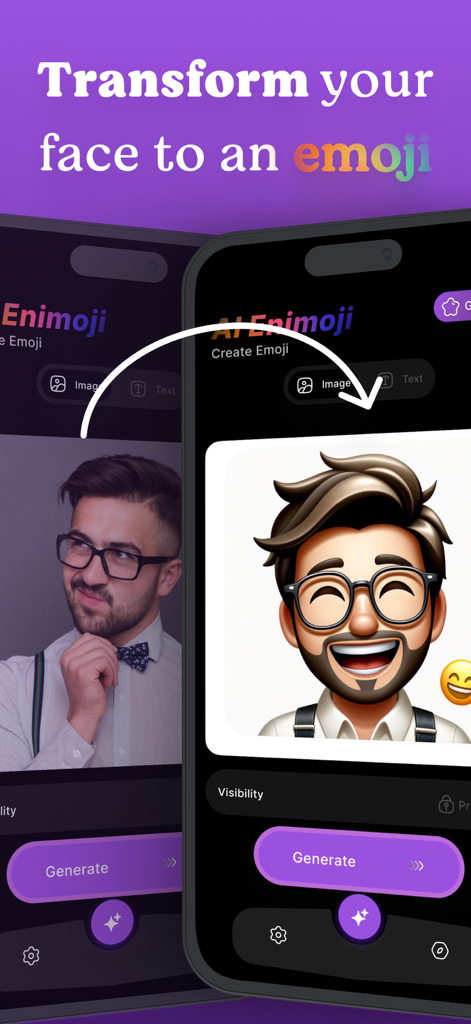 Ai Emojis - Ai Emoji Generator - An iPhone screen showing the process of converting a real portrait photo into a custom 3D animated emoji using AI