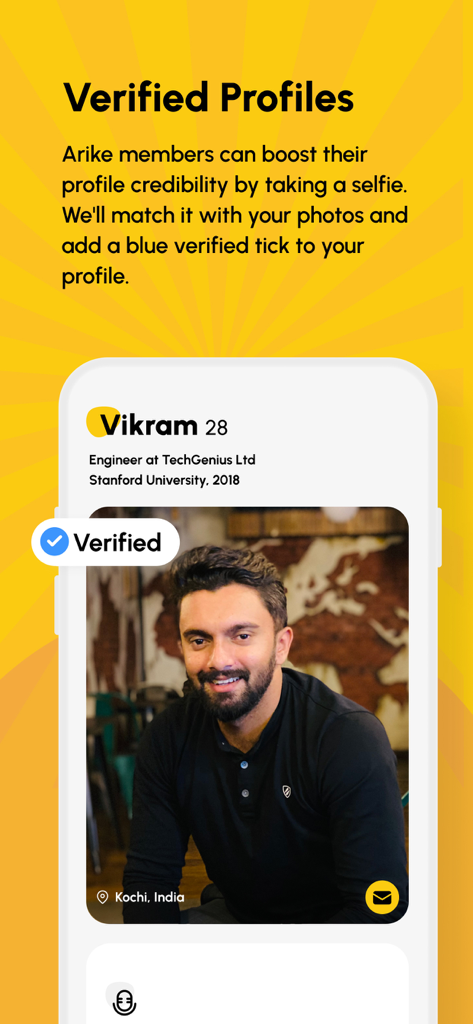 Arike dating app interface showing a verified user profile with a blue checkmark.