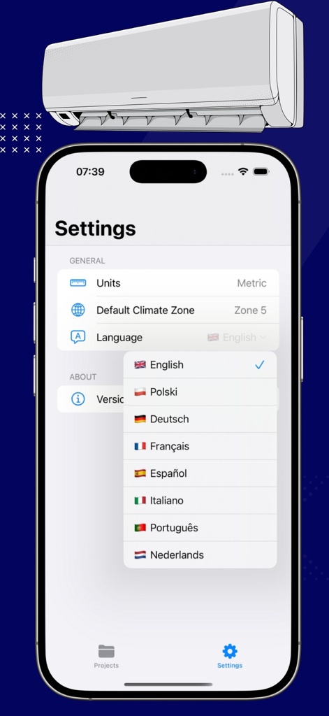 HVAC Calculator ProX - HVAC Calculator ProX settings screen showing multi-language selection options on an iPhone