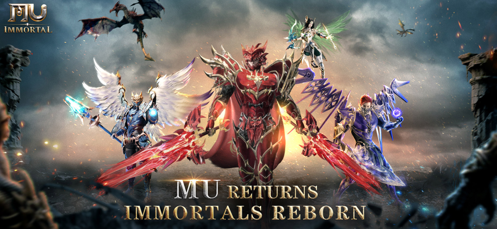 MU Immortal - Cuatro personajes de MU Immortal con armadura épica y alas brillantes parados en un paisaje de fantasía.