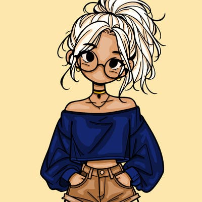 girl with a messy ponytail glasses a baggy crop top and jean shorts