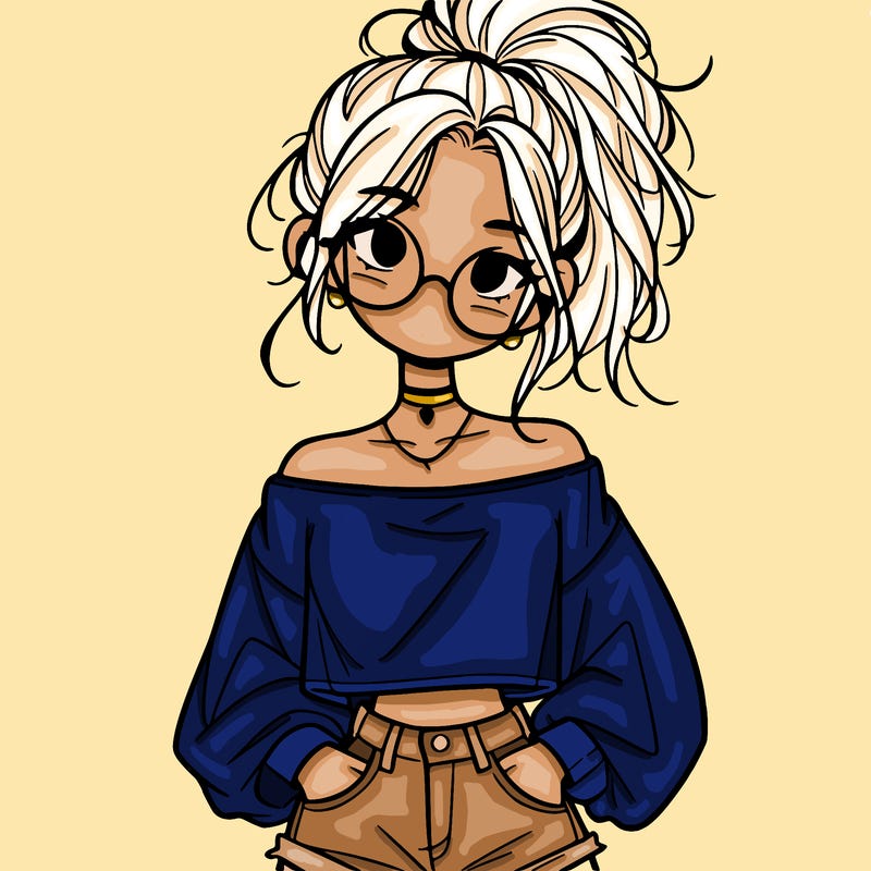 girl with a messy ponytail glasses a baggy crop top and jean shorts