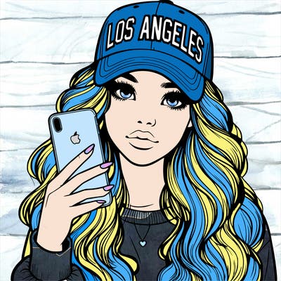 realistic beautiful girl wearing los ángeles cap holding an iphone