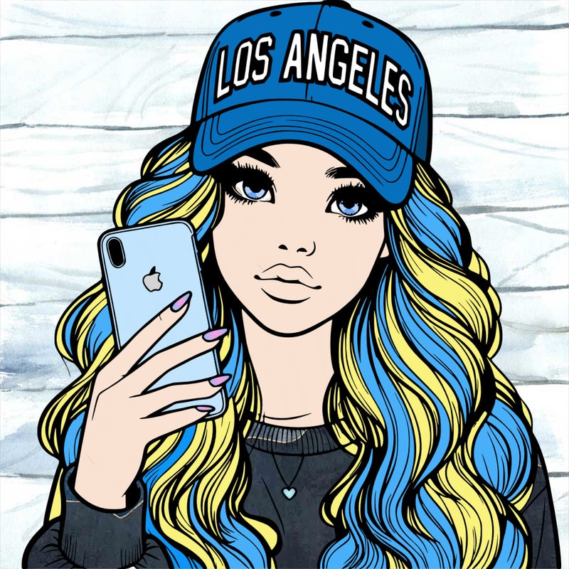 realistic beautiful girl wearing los ángeles cap holding an iphone