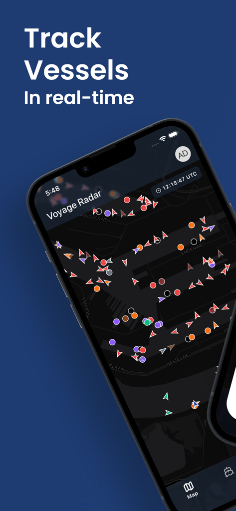 Voyage Radar app interface showing real-time ship tracking and vessel locations on a dark mode map.