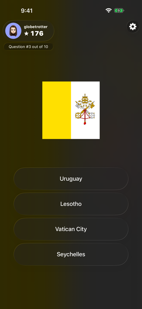 Geognosis - Geography Quiz - Geognosis app flag quiz interface showing the Vatican City flag with multiple choice answers
