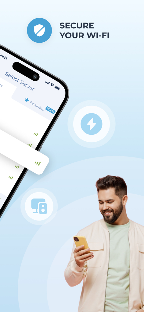 A man using the Free VPN Planet app on his smartphone with the headline Secure Your Wi-Fi.