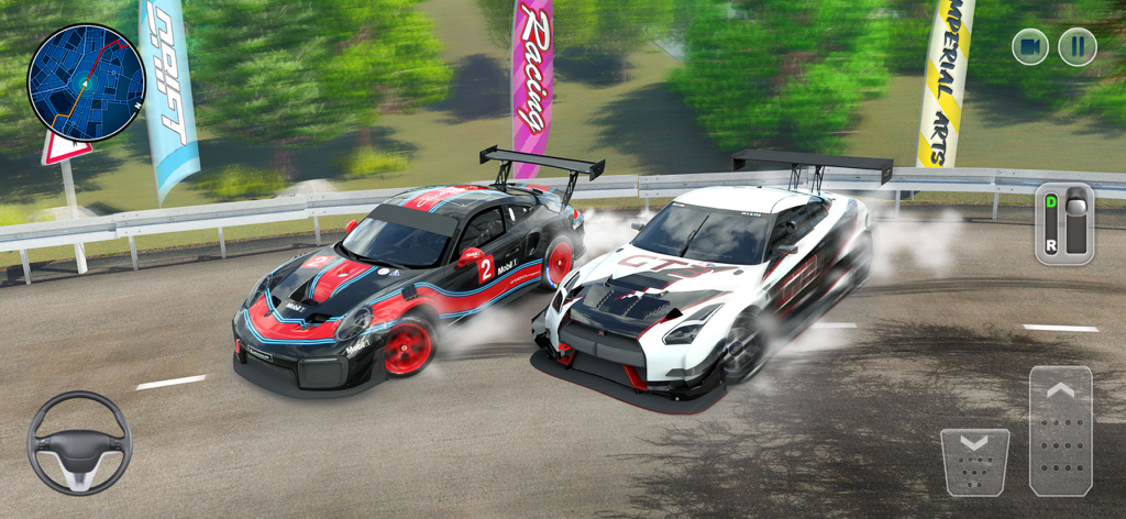 Crazy Driving - Street Race - Two customized sports cars drifting side by side on a race track