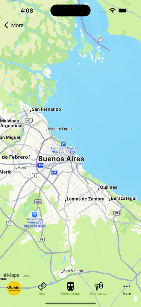 Mapa interactivo de la ciudad de Buenos Aires que muestra ubicaciones de aeropuertos y barrios importantes en la interfaz de la aplicación de navegación.