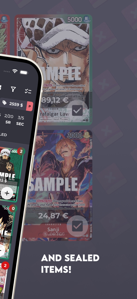 OP.TCG - One Piece TCG mobile app interface showing card collection and market values