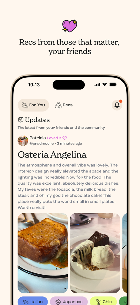 Appetite: Restaurant Tracking - Appetite app interface showing a social feed with a restaurant review and food photos from a friend