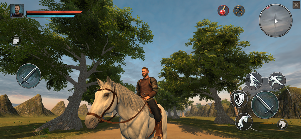 Ertugrul riding a white horse through a forest in a 3D historical action game