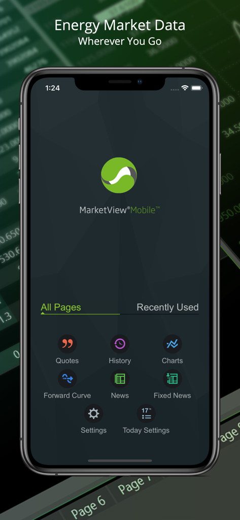 MarketView Mobile app home screen showing icons for quotes, charts, and news for energy market data.