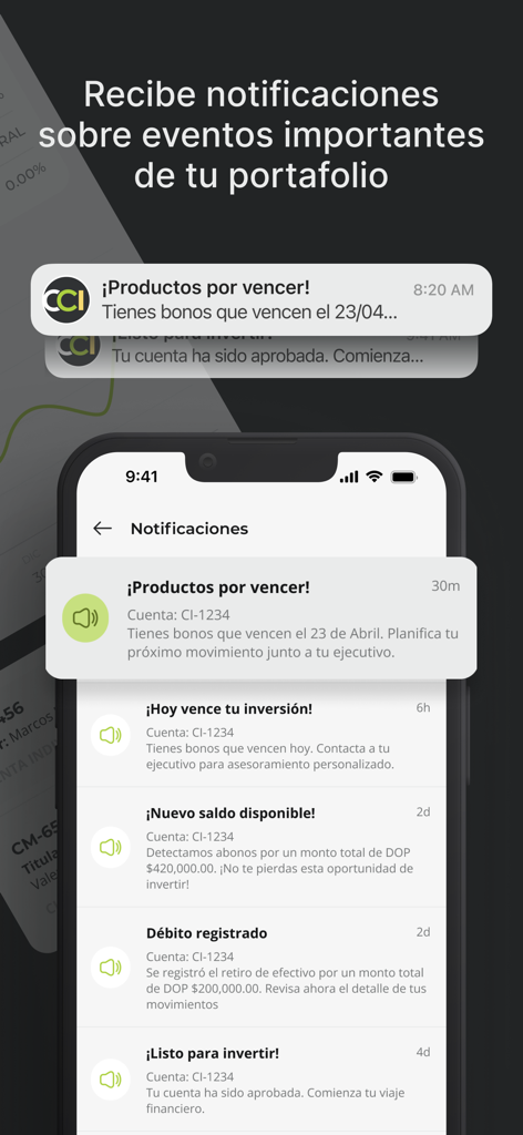 CCI Mobile - Pantalla de notificaciones de la aplicación CCI Mobile que muestra alertas financieras y el estado de la inversión.
