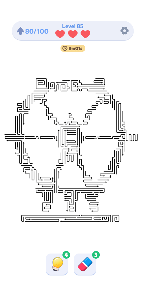 Arrow Jam Escape - Arrow Jam Escape mobile game screenshot showing a complex black arrow maze puzzle on a white background at level 85.