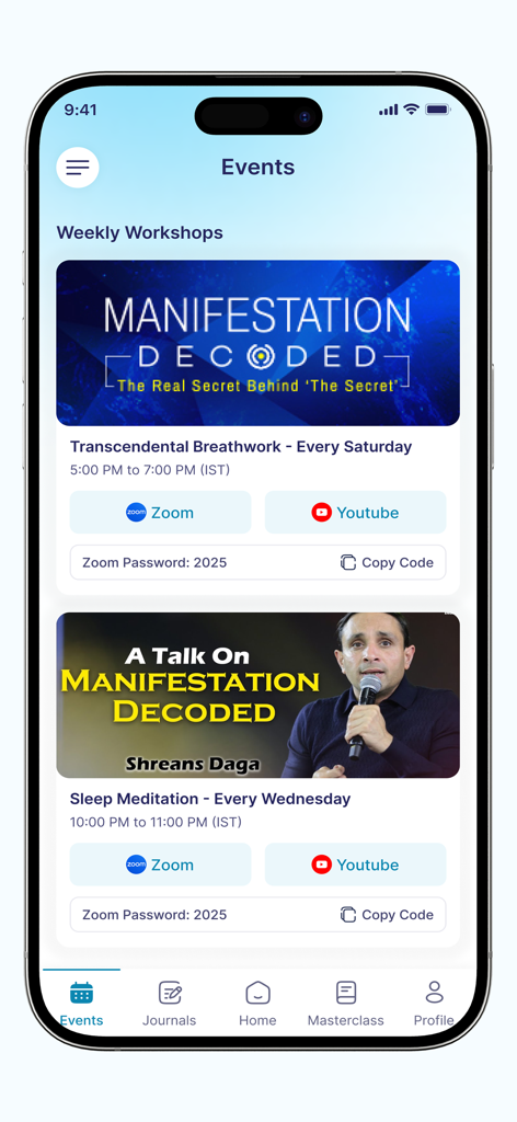 SOUL LAB - Soul Lab mobile app showing the events page with manifestation and meditation workshop schedules