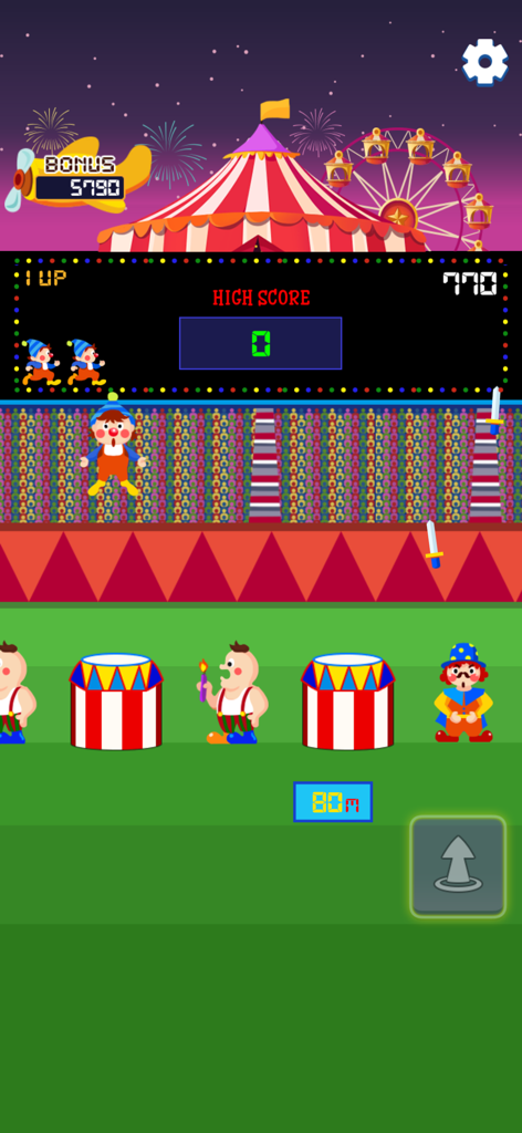 Screenshot des Mobilspiels The Circus Clown Show mit einem Clown, der auf Trampolinen in einer Retro-Arcade-Umgebung springt.