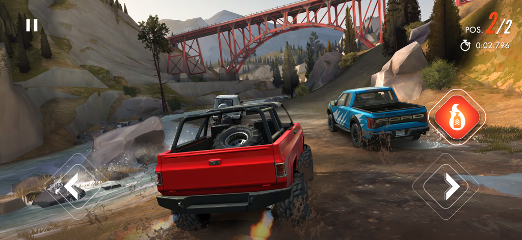 Off road trucks racing through a canyon in Rebel Racing