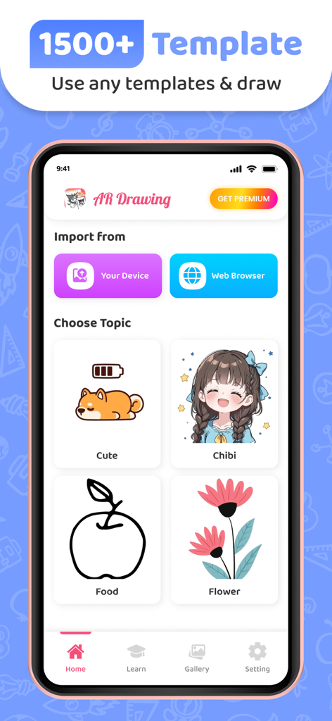 Home screen of AR Drawing app showing sketch template categories like Cute and Chibi with options to import from device or web