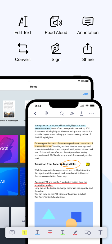 PDF Reader - Editor & Viewer - KDAN PDF app interface on iPhone and iPad showing features like editing, annotation, signing, and converting documents.