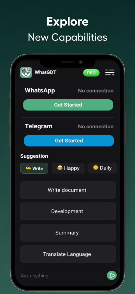 WhatGdt: Ai WA Chat Assistant - Panel principal del asistente de chat IA de WhatGdt con integración de WhatsApp y Telegram y sugerencias de herramientas de productividad.