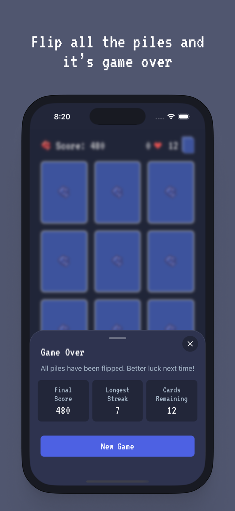 Beat the Box – card game - Game over screen for Beat the Box card game showing final score and streak statistics on an iPhone