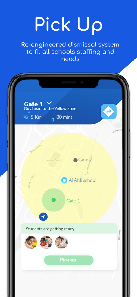 Interface de l'application mobile Blue-Ride montrant le renvoi scolaire automatisé et le suivi des enlèvements d'élèves
