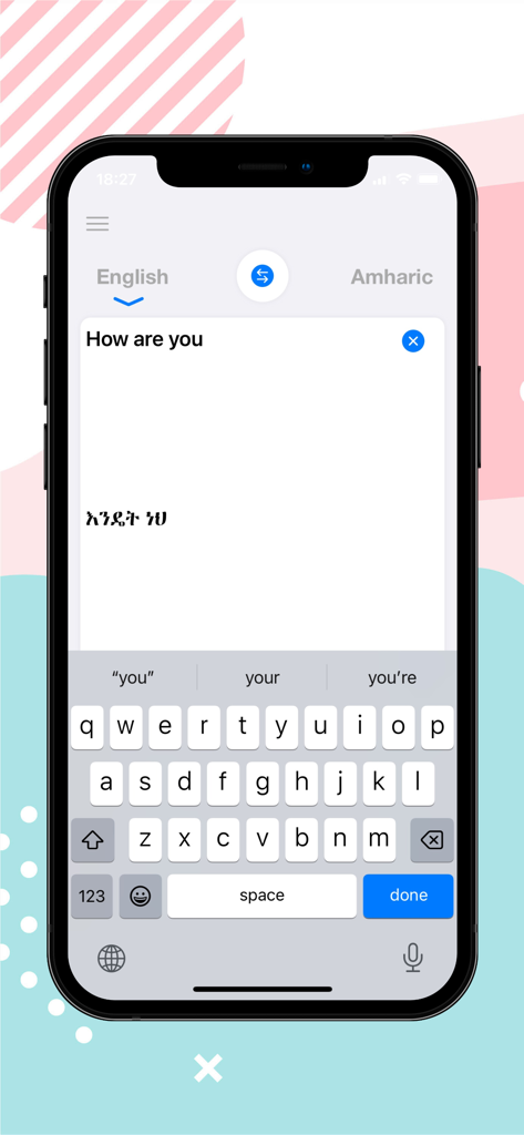 Interfaccia dell'app Il miglior traduttore amarico che mostra la traduzione di Come stai dall'inglese all'amarico