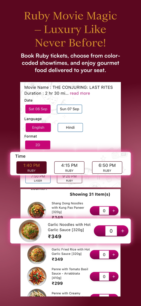 Movie Magic Multiplex - Interfaz de la aplicación Movie Magic Multiplex mostrando selecciones de horarios de películas y un menú de comida gourmet para reservas de cine de lujo.