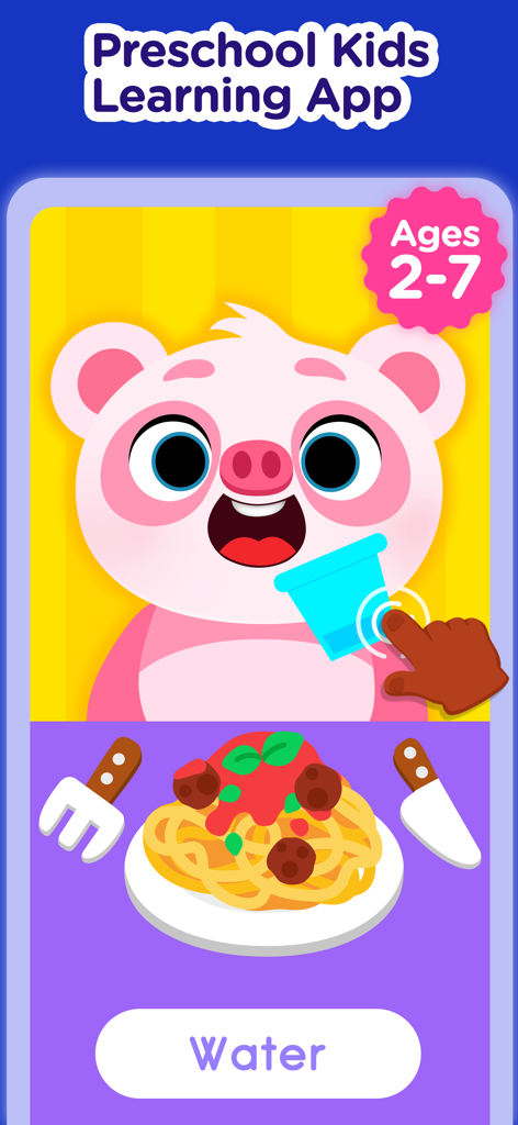 Piggy Panda: Learning Games - A preschool learning game screen from Piggy Panda featuring a character feeding activity for kids ages 2 to 7.