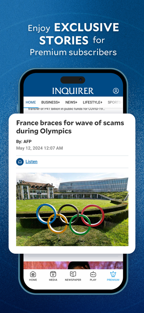 Inquirer Plus - Inquirer Plus app interface featuring exclusive stories for premium subscribers and a news article preview