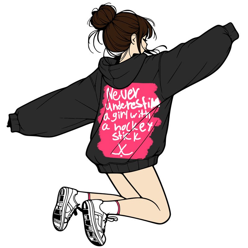 realistic girl jumping with a bun and oversized sweatshirt