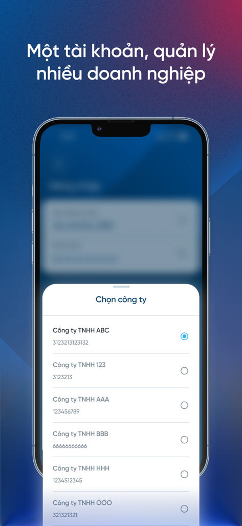 VietinBank eFAST One - Interfaz de la aplicación VietinBank eFAST One que muestra una lista de empresas para gestionar bajo una sola cuenta.