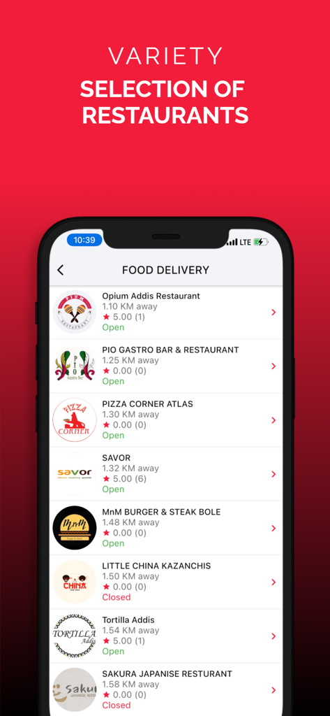 Mobile app screen showing various local restaurants for food delivery on ZMall