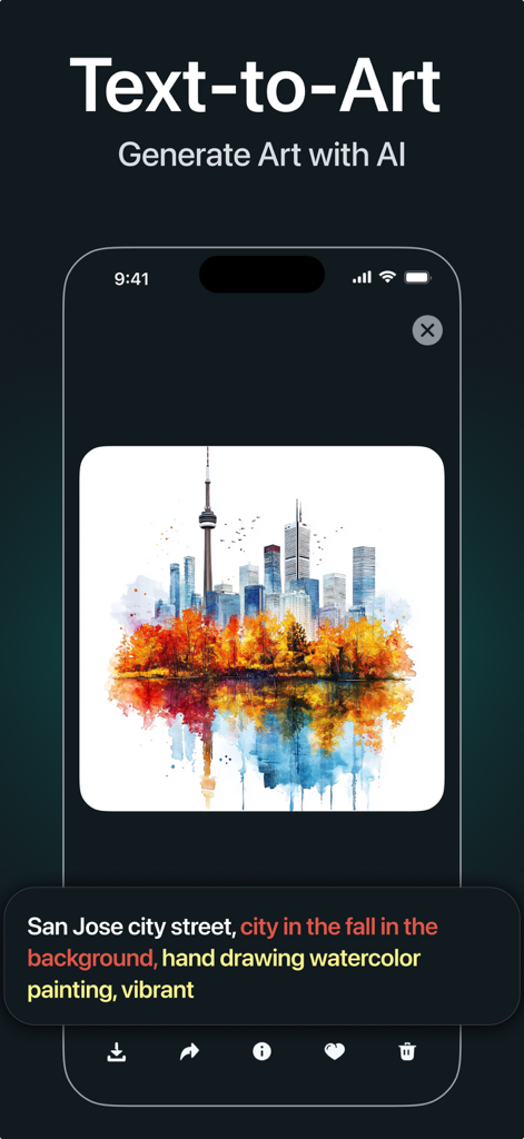 IM AI Avatar - New Profile Pic - Función Texto a Arte en la app IM AI Avatar mostrando un paisaje urbano en acuarela generado a partir de una indicación de texto.