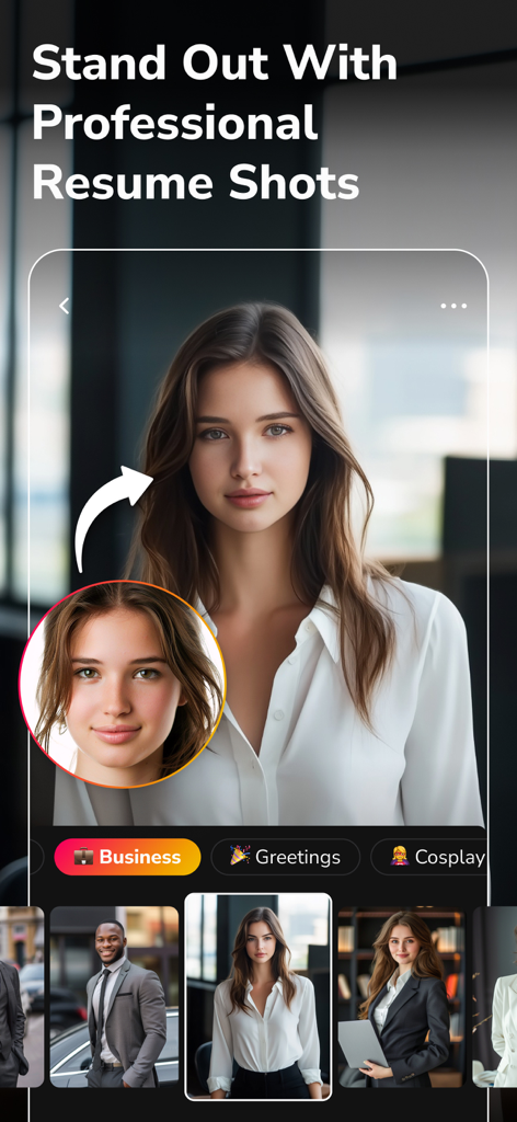 Swappy: Face Swap AI Generator - Mobile app screen showing Swappy AI face swap for professional resume headshots