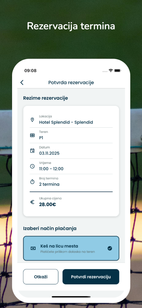 Tereni Online - Booking confirmation screen for a sports court in the Tereni Online app showing reservation details and price