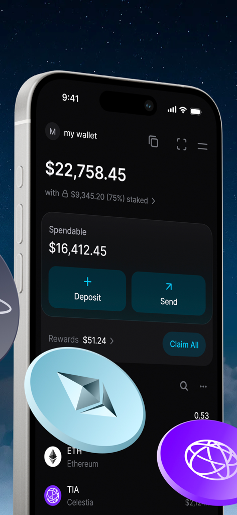 Keplr - Crypto Wallet - Keplr Crypto Walletのモバイルダッシュボード画面。総アカウント残高、ステーキングされた資金、報酬が表示されています。
