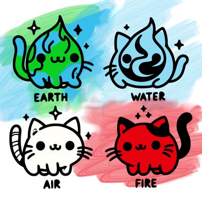 4 cats that represent the different elements, earth, water, air, and fire