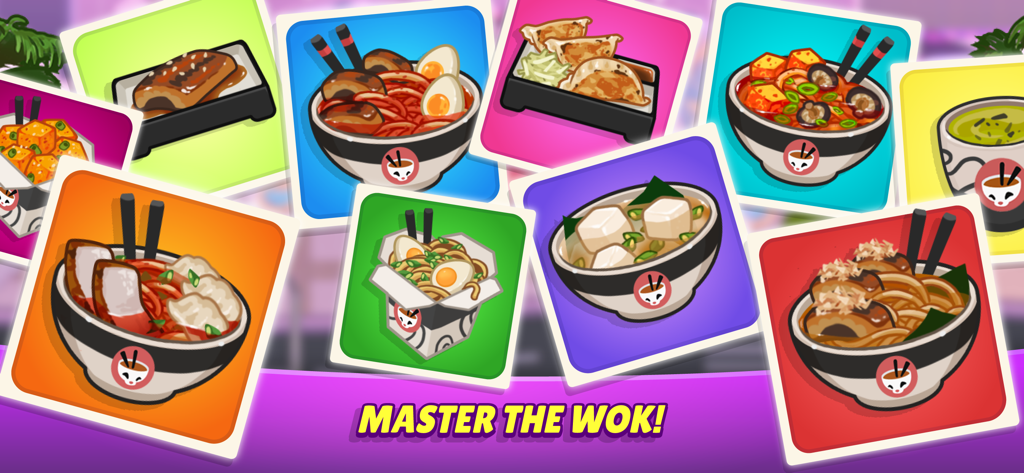Kitchen Scramble 2: World Cook - Una colección de coloridas ilustraciones de comida asiática que incluyen cuencos de ramen y gyoza con el texto Domina el Wok