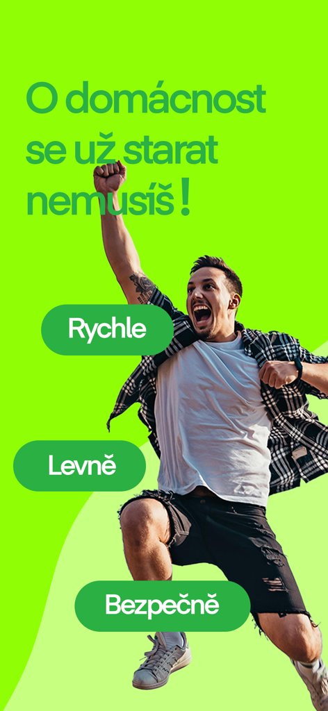 Tasker ČR - A joyful man jumping against a green background representing freedom from household chores with fast affordable and safe services