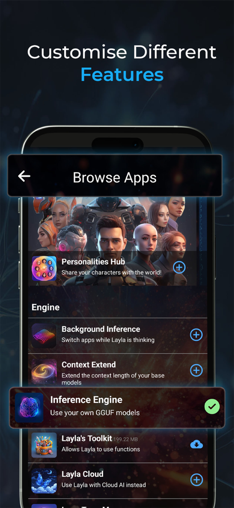 Layla - A mobile app interface showing customization features for Layla AI including GGUF model support and personality hub.